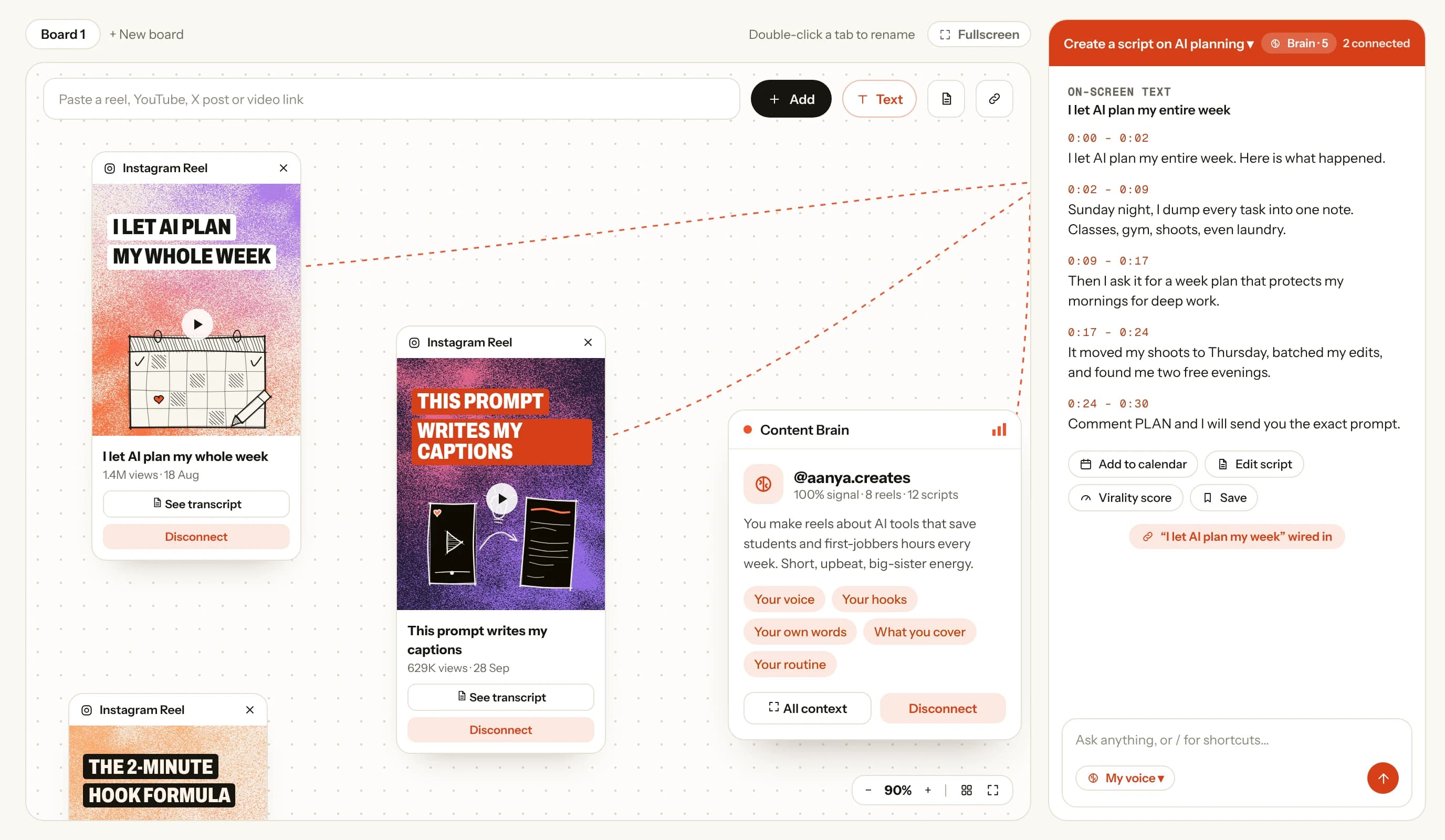 Content Studio board: reels connected to a timed script
