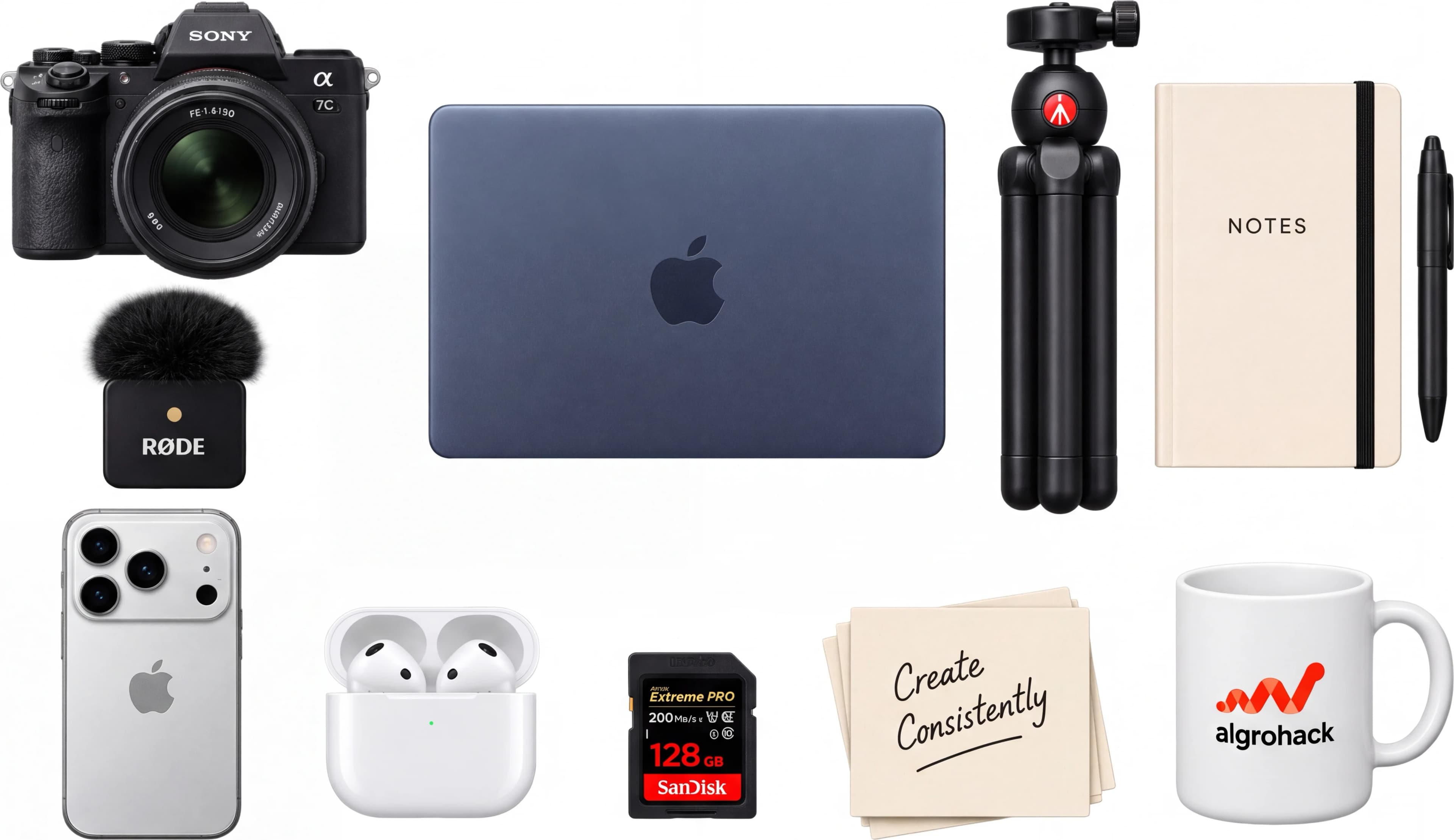 A creator's kit laid out: camera, laptop, tripod, microphone, phone, notebook, and a note reading Create Consistently.